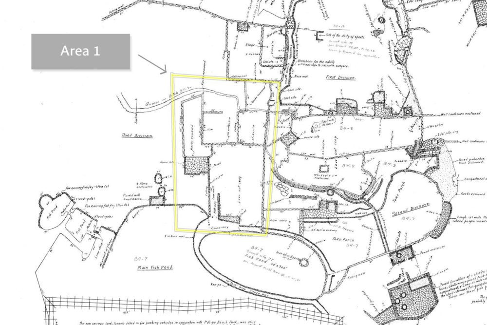 Project organizers have used Kekahuna's map to outline twelve areas for restoration. Area one is highlighted here.